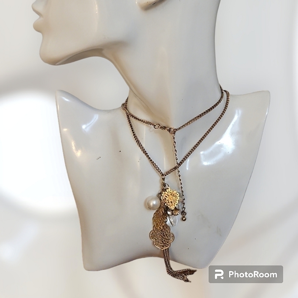 3/$30 Goldtone Filigree Pearl Beaded Tassel Long Chain Romantic Flapper Necklace